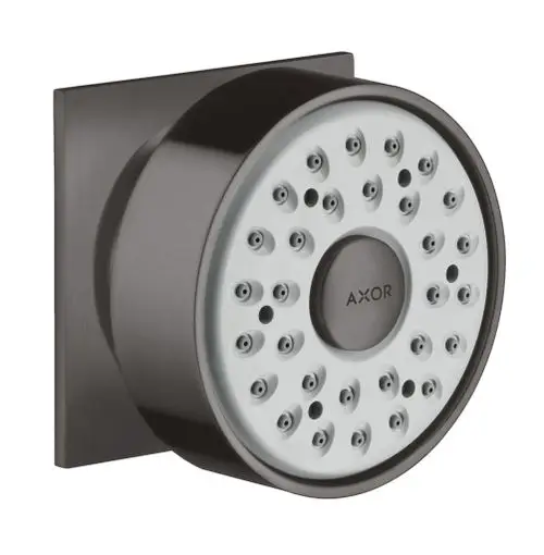 Brausekopf in runder Form, montiert an einer quadratischen Wandplatte. Teil der AXOR Produktlinie von Hansgrohe, in einer matten schwarzen Chrom-Oberfläche.
